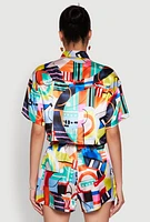 Womens Abstract Print Cropped Button Front Shirt, Multi, Size M