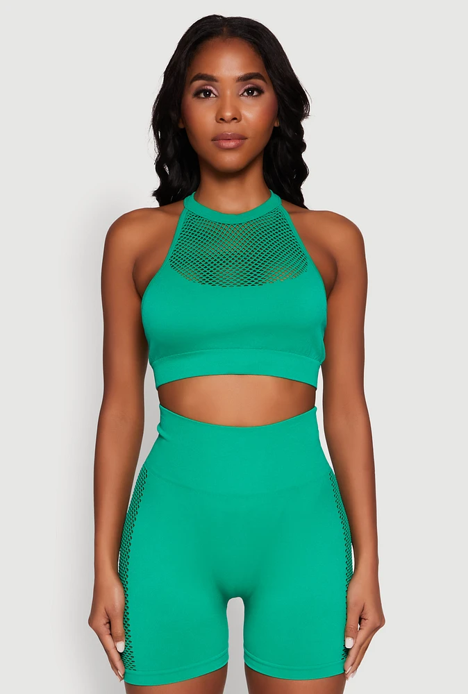 Womens Seamless Laser Cut Caged Back Crop Top, Green, Size L-XL