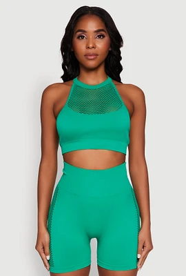 Womens Seamless Laser Cut Caged Back Crop Top, Green, Size L-XL