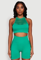 Womens Seamless Laser Cut Caged Back Crop Top, Green, Size L-XL