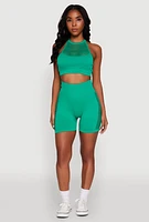 Womens Seamless Laser Cut Caged Back Crop Top, Green, Size L-XL