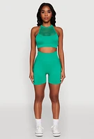 Womens Seamless Laser Cut Caged Back Crop Top, Green, Size L-XL