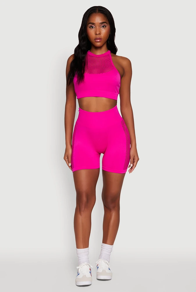 Womens Seamless High Waisted Bike Shorts with Laser Cut, Pink, Size L-XL