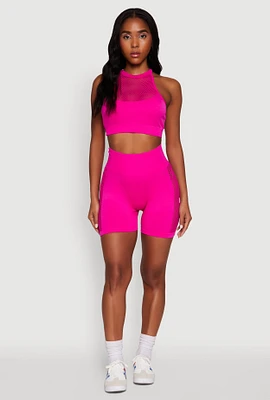 Womens Seamless High Waisted Bike Shorts with Laser Cut, Pink, Size L-XL