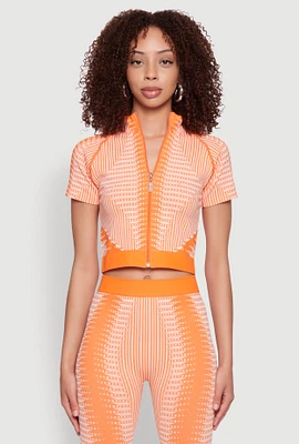 Womens Seamless Geometric Patterned Zip Front Top, Orange, Size M-L