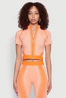 Womens Seamless Geometric Patterned Zip Front Top, Orange, Size M-L