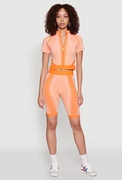 Womens Seamless Geometric Patterned Zip Front Top, Orange, Size M-L