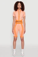 Womens Seamless Geometric Patterned Zip Front Top, Orange, Size M-L