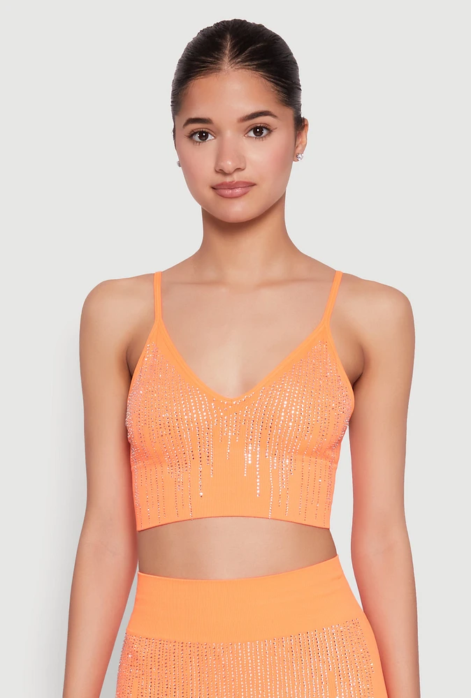 Womens Seamless Rhinestone Ribbed Crop Top, Orange, Size S-M