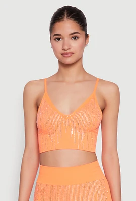 Womens Seamless Rhinestone Ribbed Crop Top, Orange, Size S-M