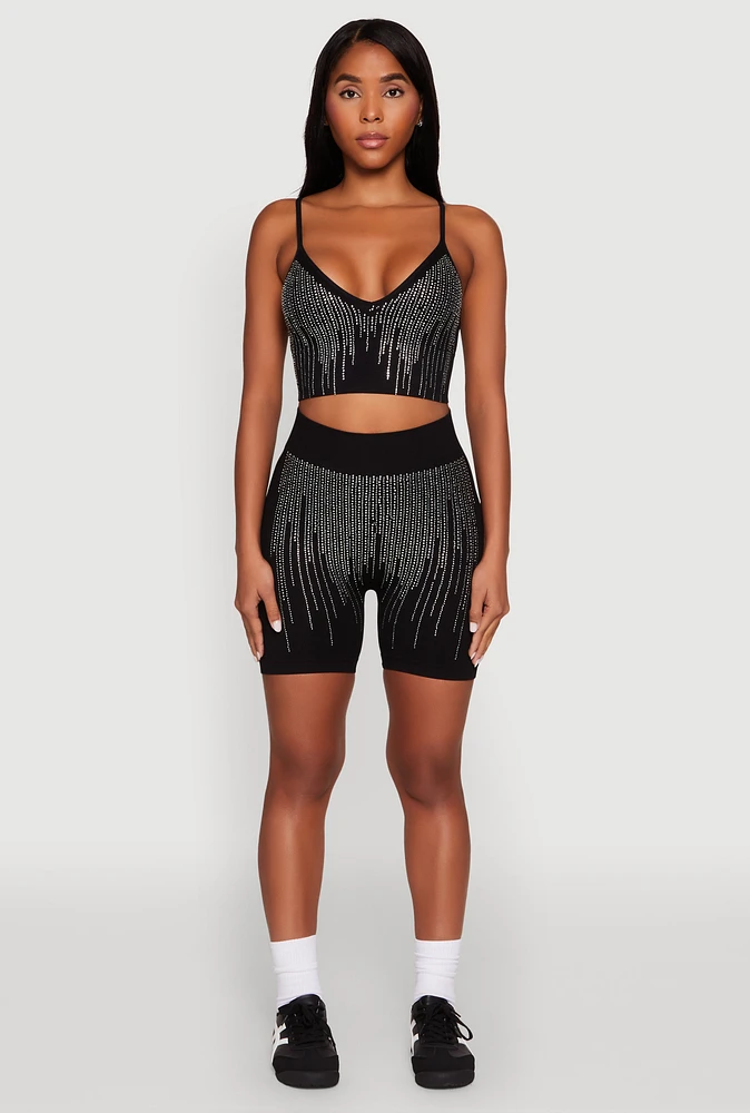 Womens Seamless Rhinestone Ribbed Biker Shorts,