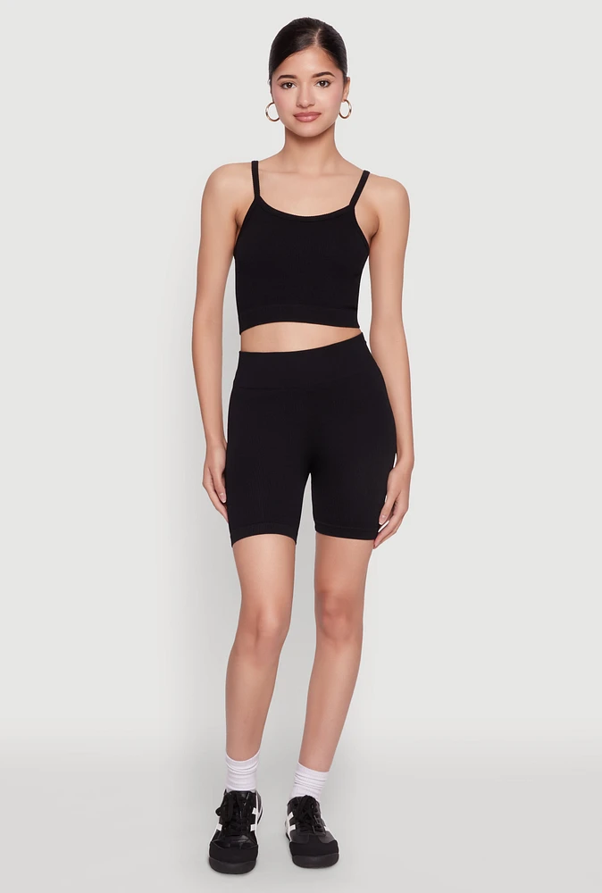 Womens Seamless Wide Waistband Biker Shorts, Black, Size S-M