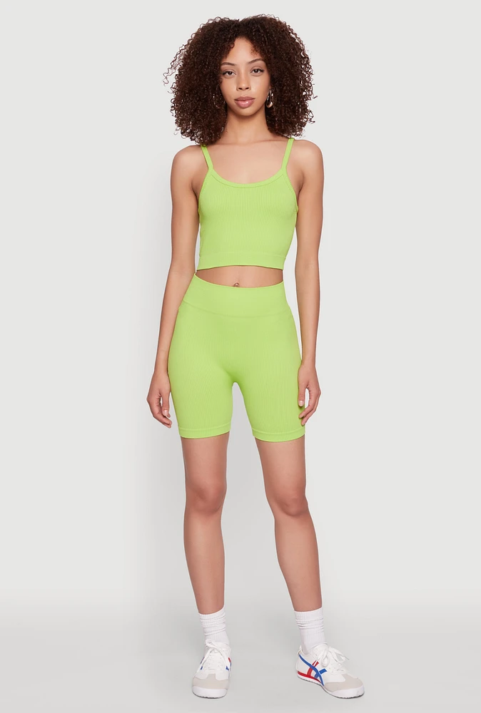 Womens Seamless Wide Waistband Biker Shorts, Green, Size S-M