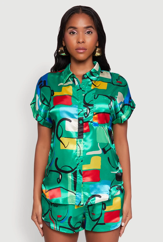 Womens Satin Abstract Print Dolman Sleeve Shirt, Multi, Size M