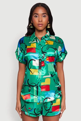 Womens Satin Abstract Print Dolman Sleeve Shirt, Multi, Size M