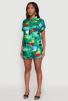 Womens Satin Abstract Print Dolman Sleeve Shirt, Multi, Size M