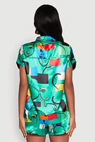 Womens Satin Abstract Print Dolman Sleeve Shirt, Multi, Size M