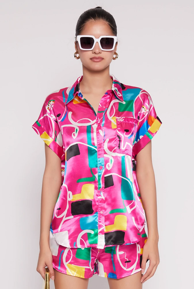 Womens Satin Abstract Print Dolman Sleeve Shirt, Multi, Size L