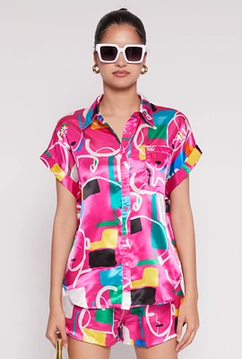 Womens Satin Abstract Print Dolman Sleeve Shirt, Multi, Size L
