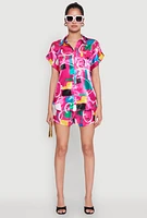Womens Satin Abstract Print Dolman Sleeve Shirt, Multi, Size L