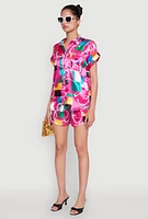 Womens Satin Abstract Print Dolman Sleeve Shirt, Multi, Size L