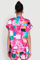 Womens Satin Abstract Print Dolman Sleeve Shirt, Multi, Size L