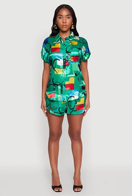 Womens Satin Geometric Print High Waisted Shorts, Green,