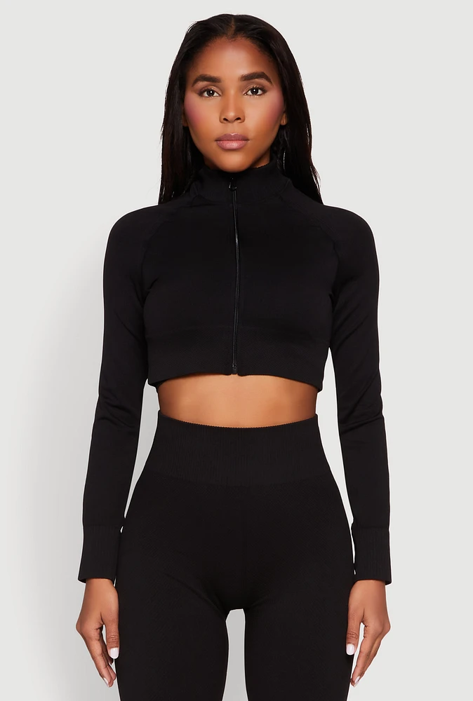 Womens Seamless Mock Neck Zip Front Track Jacket, S-M