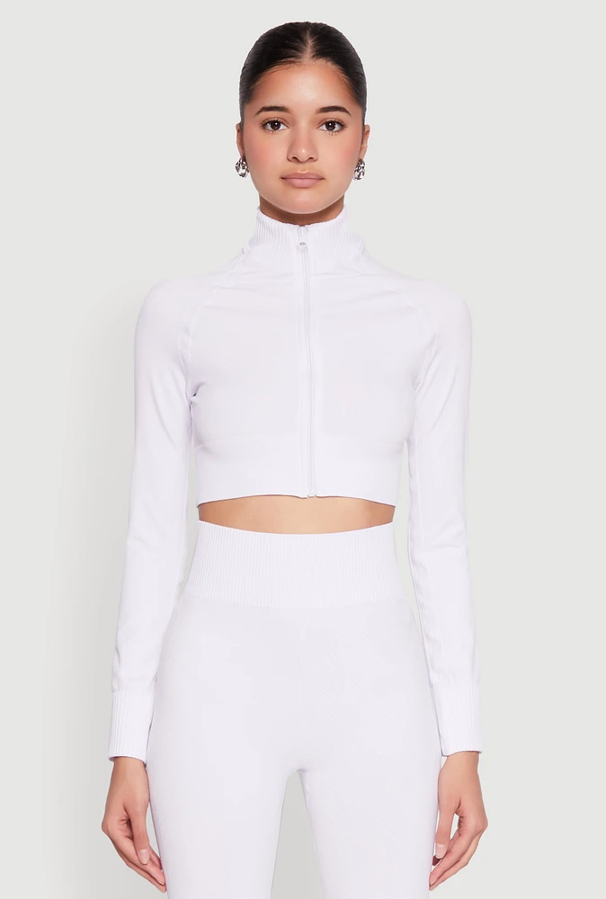 Womens Seamless Mock Neck Zip Front Track Jacket, White, Size L-XL