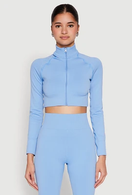 Womens Seamless Mock Neck Zip Front Track Jacket, Blue, Size L-XL