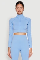 Womens Seamless Mock Neck Zip Front Track Jacket, Blue, Size L-XL