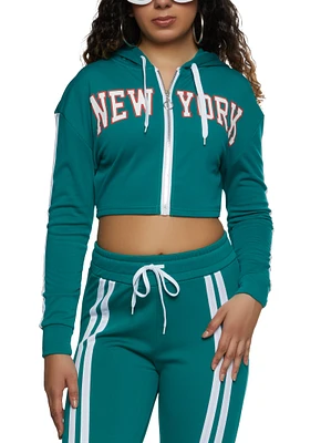 Womens New York Zip Front Cropped Hoodie, Green, Size M