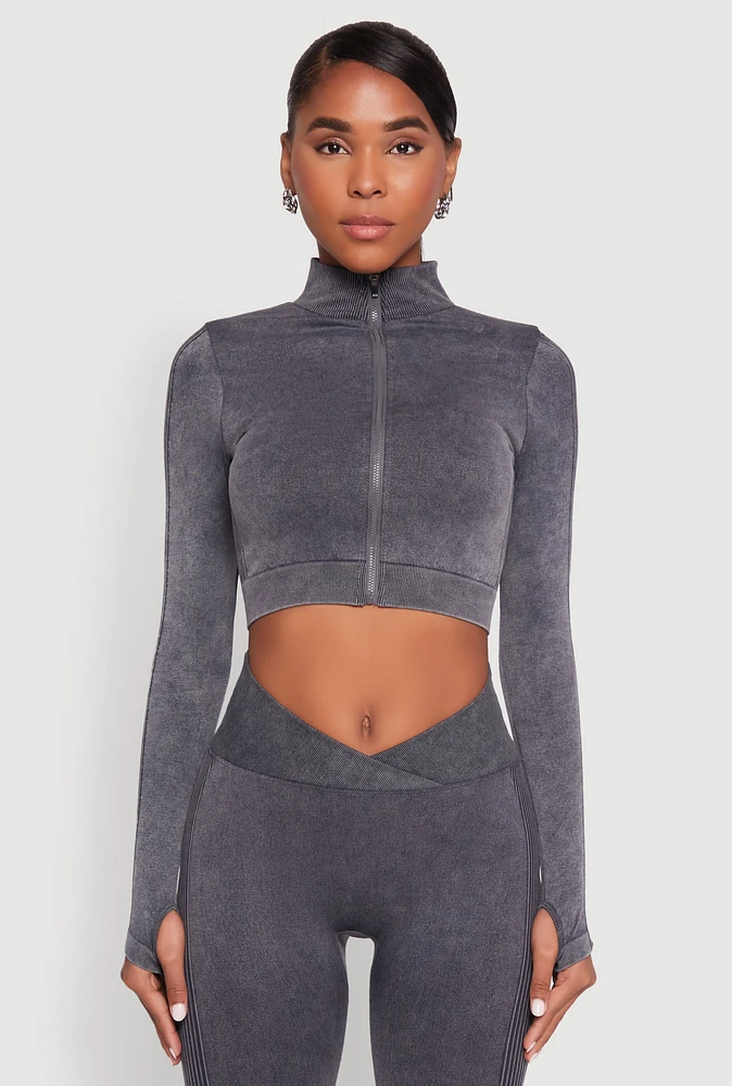 Womens Seamless Mineral Wash Crop Track Jacket, Grey, Size L