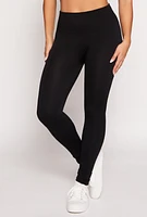 Womens Waffle Knit Waist Fleece Lined Leggings, Black, Size L-XL