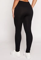 Womens Waffle Knit Waist Fleece Lined Leggings, Black, Size L-XL