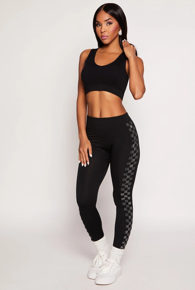 Womens Seamless Checkered Rhinestone Detail Leggings, Black,