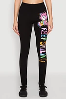 Womens Keep Smiling Bear Graphic Leggings, Black, Size M