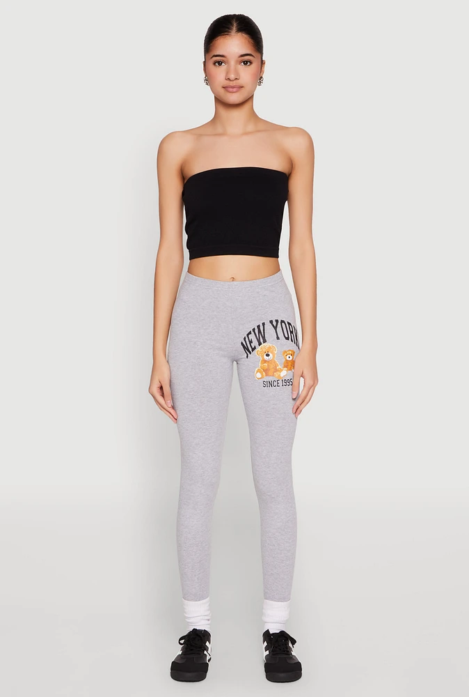Womens New York Since 1995 Bear Graphic Leggings, Grey, Size XL