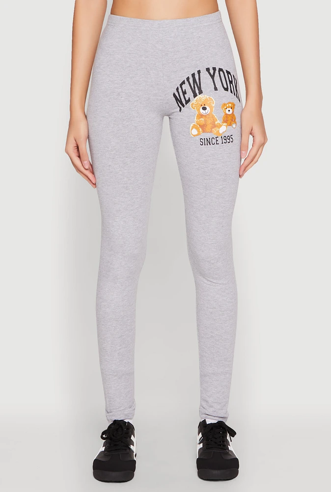 Womens New York Since 1995 Bear Graphic Leggings, Grey, Size M