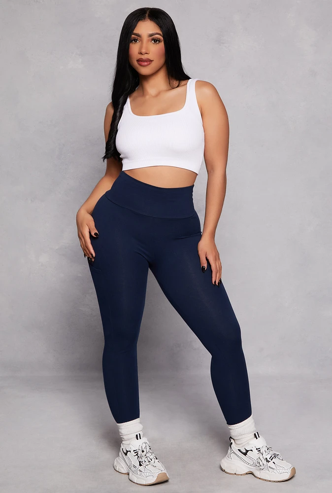 Womens High Waist Cropped Pocket Leggings, Blue, Size S