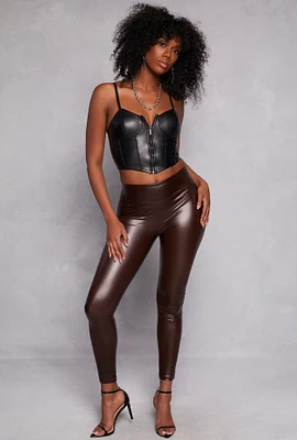 Womens High Waist Faux Leather Leggings, Brown, Size S
