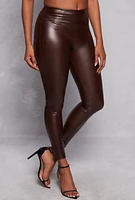 Womens High Waist Faux Leather Leggings, Brown,