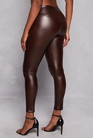 Womens High Waist Faux Leather Leggings, Brown, Size S