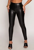 Womens Faux Leather Pintuck High Waist Leggings, Black, Size M