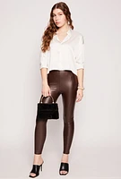 Womens Faux Leather Pintuck High Waist Leggings, Brown, Size S