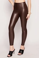 Womens Faux Leather Pintuck High Waist Leggings, Brown, Size S