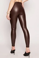 Womens Faux Leather Pintuck High Waist Leggings, Brown, Size S