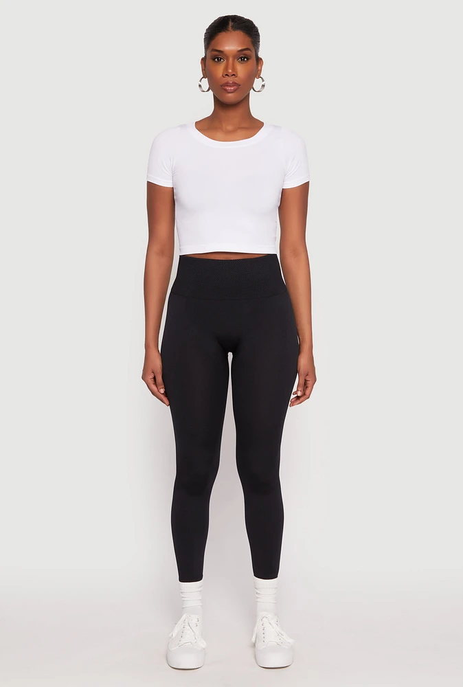 Womens Textured Waistband Fleece Lined Leggings, Black