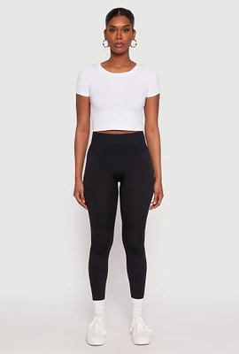 Womens Textured Waistband Fleece Lined Leggings, Black
