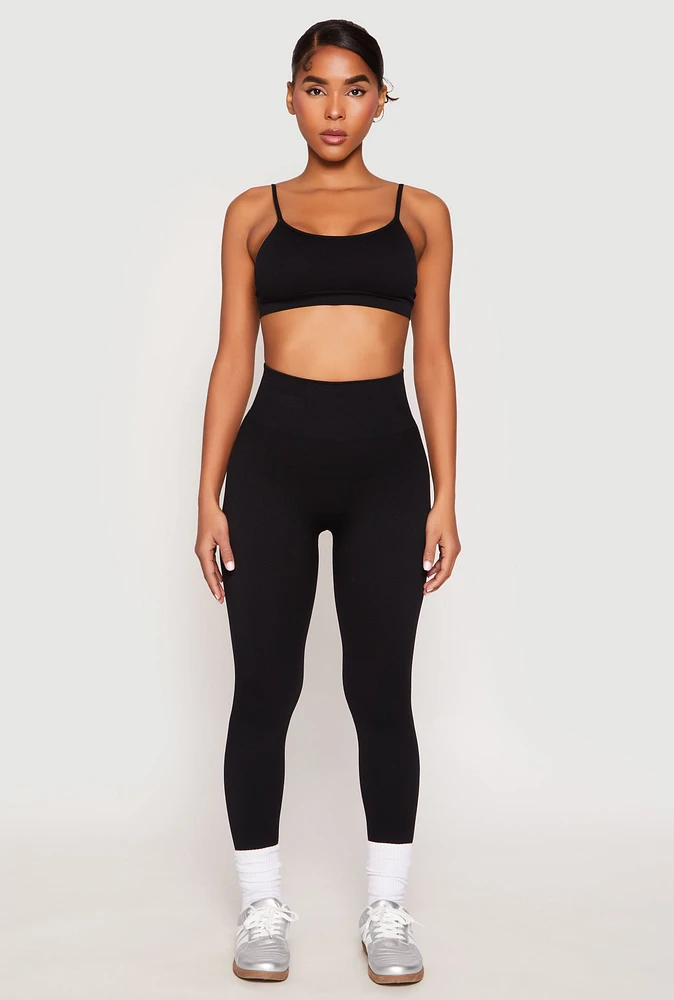 Womens Rib Knit Seamless High Waist Leggings, Black, Size L-XL